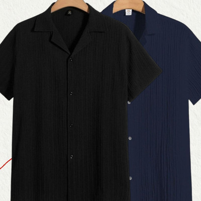 Jenil Fashion Men Self Design Casual Black, Dark Blue Shirt(Pack of 2)