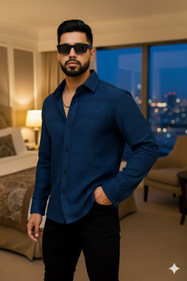 Crivion Men Self Design Casual Blue Shirt