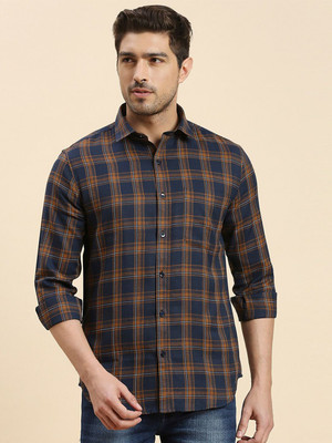 encore by INVICTUS Men Checkered Casual Orange, Blue Shirt