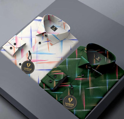 LAXBON Men Printed Casual White, Green Shirt(Pack of 2)