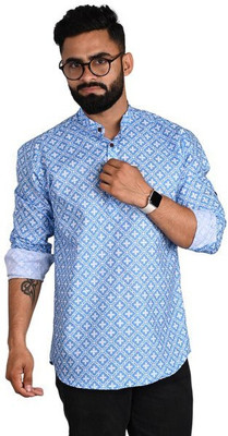 Stellalifestyle Men Printed Party Blue, White Shirt