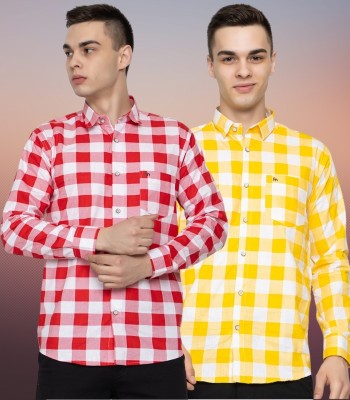 FREKMAN Men Checkered Casual Red, Yellow Shirt(Pack of 2)