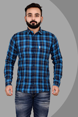 Hana & Morris Men Checkered Casual Dark Blue, Blue, Yellow Shirt