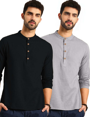 Navkanj Men Solid Asymmetric Kurta(Grey)