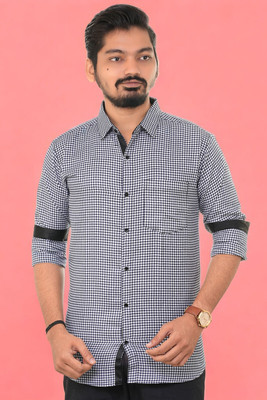 PUBHIZA Men Checkered Casual Dark Blue Shirt
