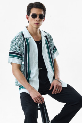 Snitch Men Geometric Print Casual White, Blue Shirt