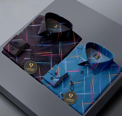 LAXBON Men Printed Casual Black, Blue Shirt(Pack of 2)