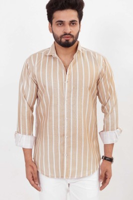 brown brothers Men Striped Casual White, Beige Shirt