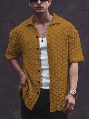 Hemline Men Self Design Casual Yellow Shirt