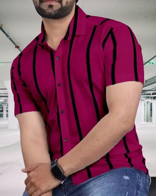 dream believe fashion Men Striped Casual Pink, Black Shirt