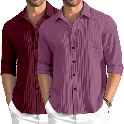 OXXOM Men Self Design Casual Maroon, Pink Shirt(Pack of 2)