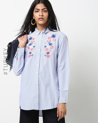 LC WaIKIKI Women Embroidered Casual Blue Shirt