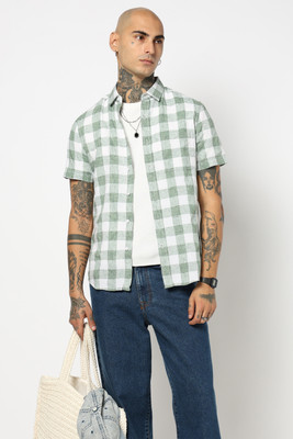 Blue Buddha Men Checkered Casual White, Green Shirt
