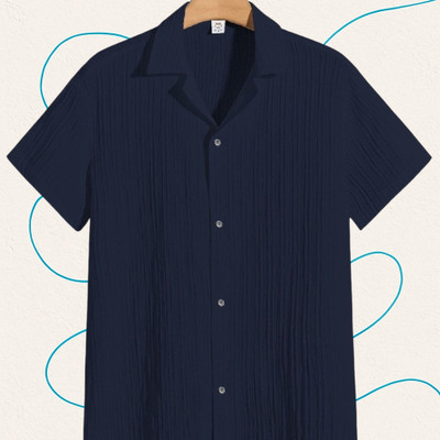 Looksky Men Self Design Casual Dark Blue Shirt