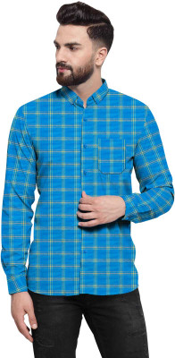 MHhandloom Men Checkered Casual Blue Shirt