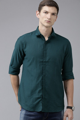 VAN HEUSEN Men Striped Casual Dark Green Shirt