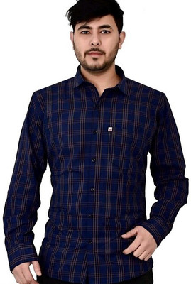 Marc Laurent Men Checkered Casual Dark Blue, Yellow Shirt