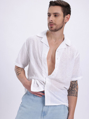 Glitchez Men Self Design Casual White Shirt