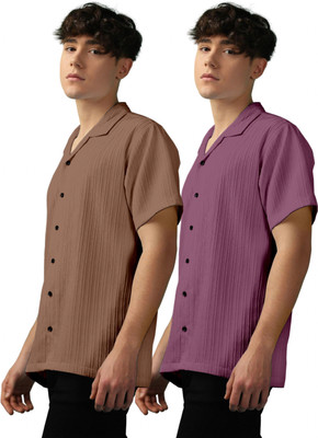 OXXOM Men Self Design Casual Brown, Pink Shirt(Pack of 2)