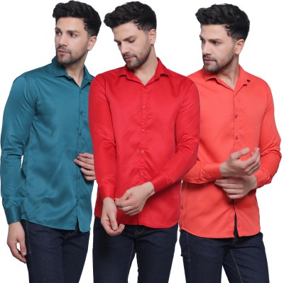 FILNECH Men Solid Casual Dark Green, Red, Orange Shirt(Pack of 3)