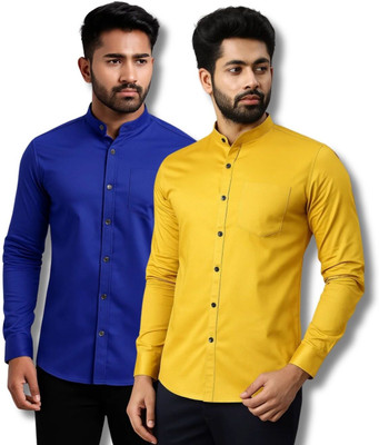 MAHIRAN Men Solid Casual Dark Blue, Yellow Shirt(Pack of 2)