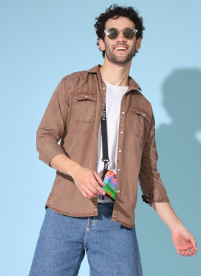 Double One Men Washed Casual Yellow Shirt