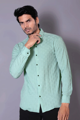 SHFASHION Men Self Design Casual Green Shirt