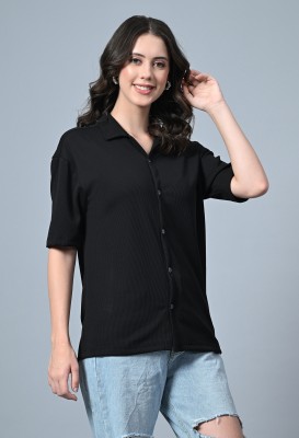 CLAfoutis Solid Women Mandarin Collar Black T-Shirt