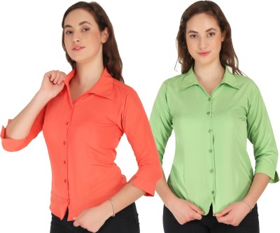 Giggles Women Solid Formal Green, Orange Shirt(Pack of 2)