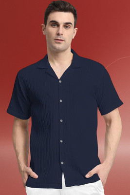 A DEEMOON TREND Men Self Design Casual Dark Blue Shirt