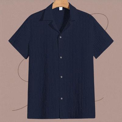 A DEEMOON Men Self Design Formal Blue Shirt