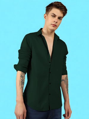 Vyzer Men Solid Casual Dark Green Shirt