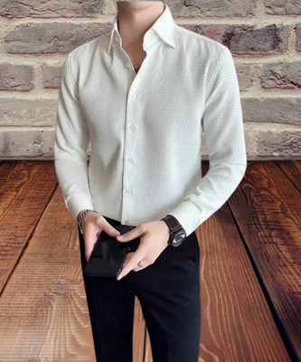 Black Deer Men Self Design Casual White Shirt