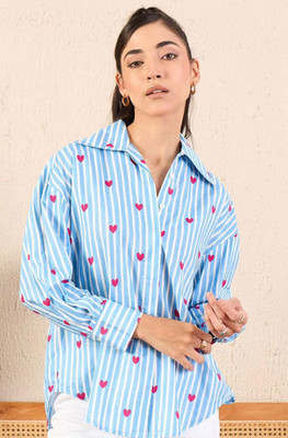METRONAUT Women Printed Casual Light Blue Shirt