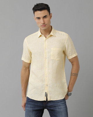 Linen Club Men Striped Casual Yellow Shirt