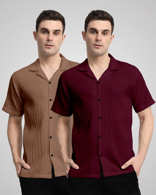 VK Couture Men Self Design Casual Brown, Maroon Shirt(Pack of 2)