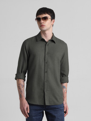JACK & JONES Men Self Design Casual Dark Green Shirt