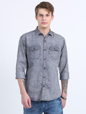 AIA FAB Men Washed Casual Grey Shirt