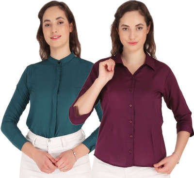 Mamnoon Women Solid Formal Purple, Green Shirt(Pack of 2)