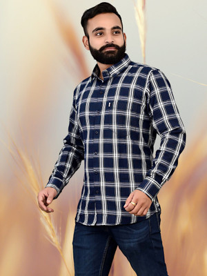 VK WINTER WEAR Men Striped Casual Dark Blue, White Shirt