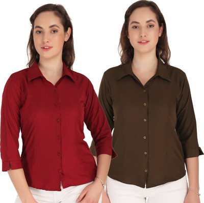 HEAVENS CREATIONS Women Solid Casual Brown, Maroon Shirt(Pack of 2)