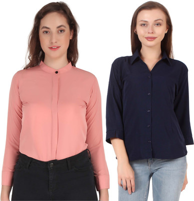 Hunoor Women Solid Formal Green Shirt(Pack of 2)