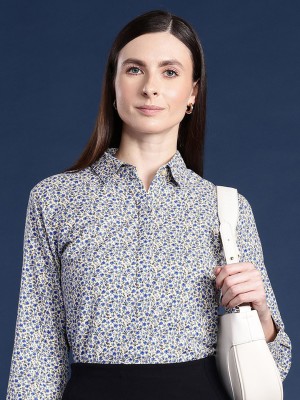 Hancock Women Printed Formal Cream, Blue Shirt