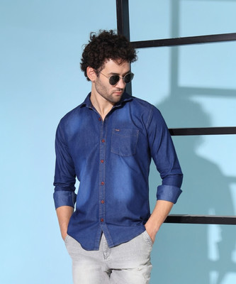 Deniyes Men Washed Casual Dark Blue Shirt