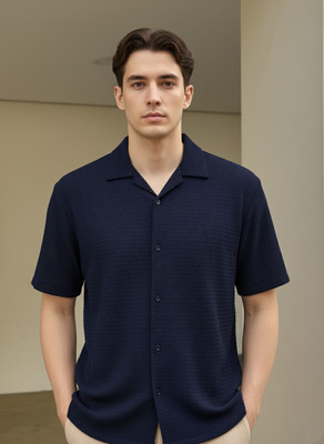 Leriya Fashion Men Self Design Casual Dark Blue Shirt