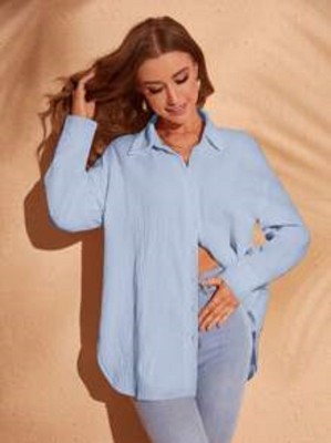 BTD Fashion Women Solid Casual Light Blue Shirt