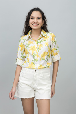 PURYS Women Printed Casual Yellow Shirt