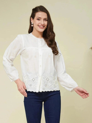J TURRITOPSIS Women Embroidered Casual White Shirt