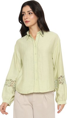 MADAME Women Self Design Casual Green Shirt