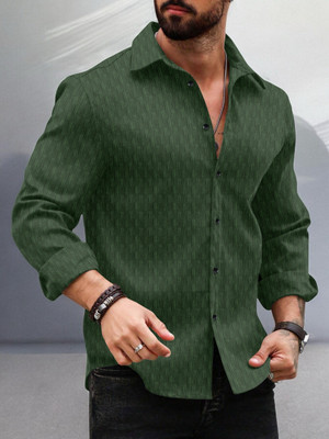 VELLOSTA Men Self Design Casual Dark Green Shirt
